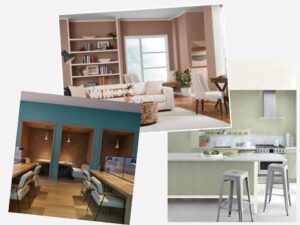 Collage of color trends from Sherwin Williams, Benjamin Moore and PPG